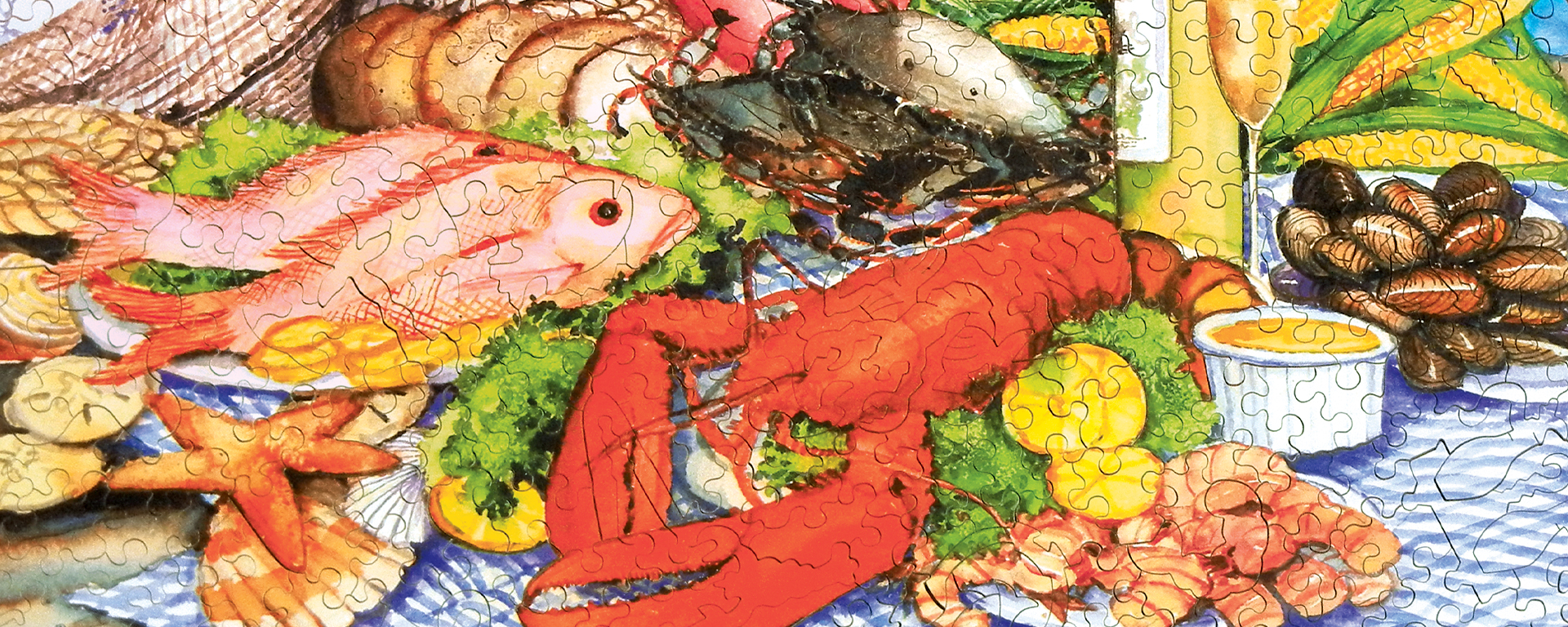 Wooden cuisine puzzle featuring a delicious seafood spread of fish, crabs, lobster, shrimp, and oysters on a blue checkered table cloth.